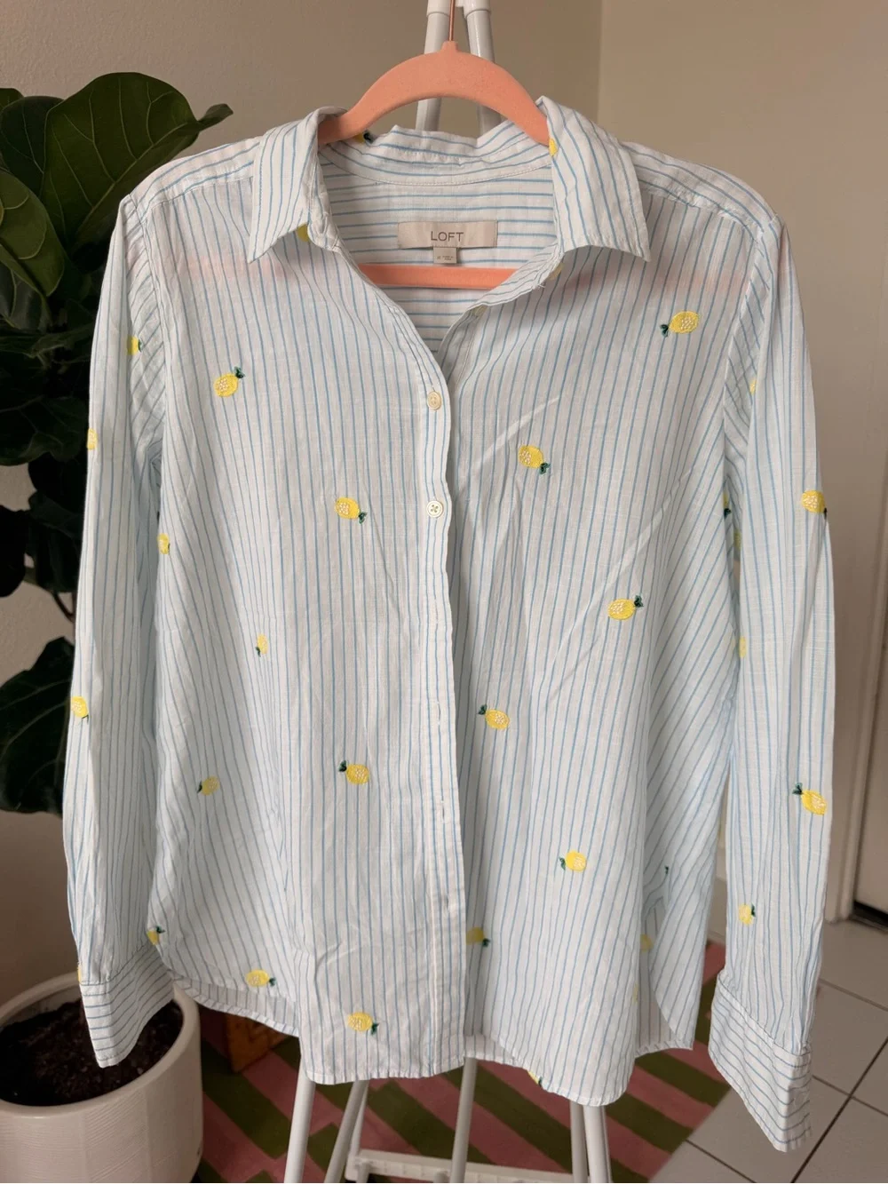 LOFT White Top with Light Blue Stripe